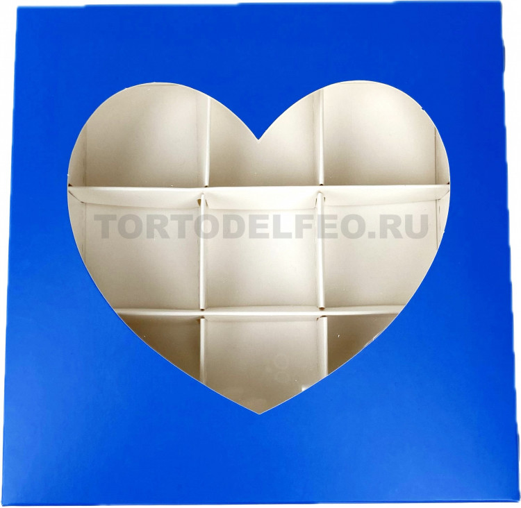 Коробка для конфет с окошком сердце 155*155*30мм синяя